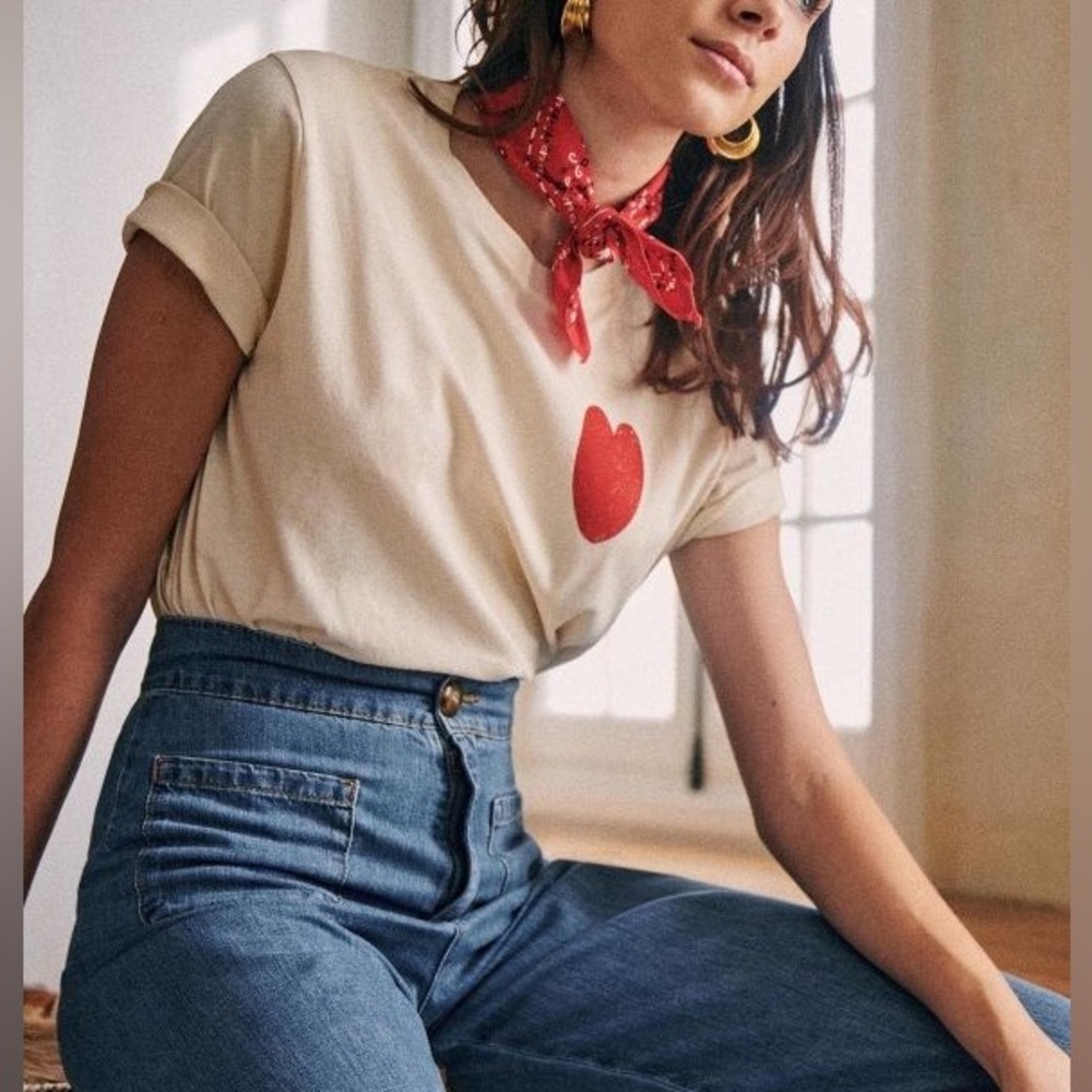 Sezane Cream Tee with Red Heart